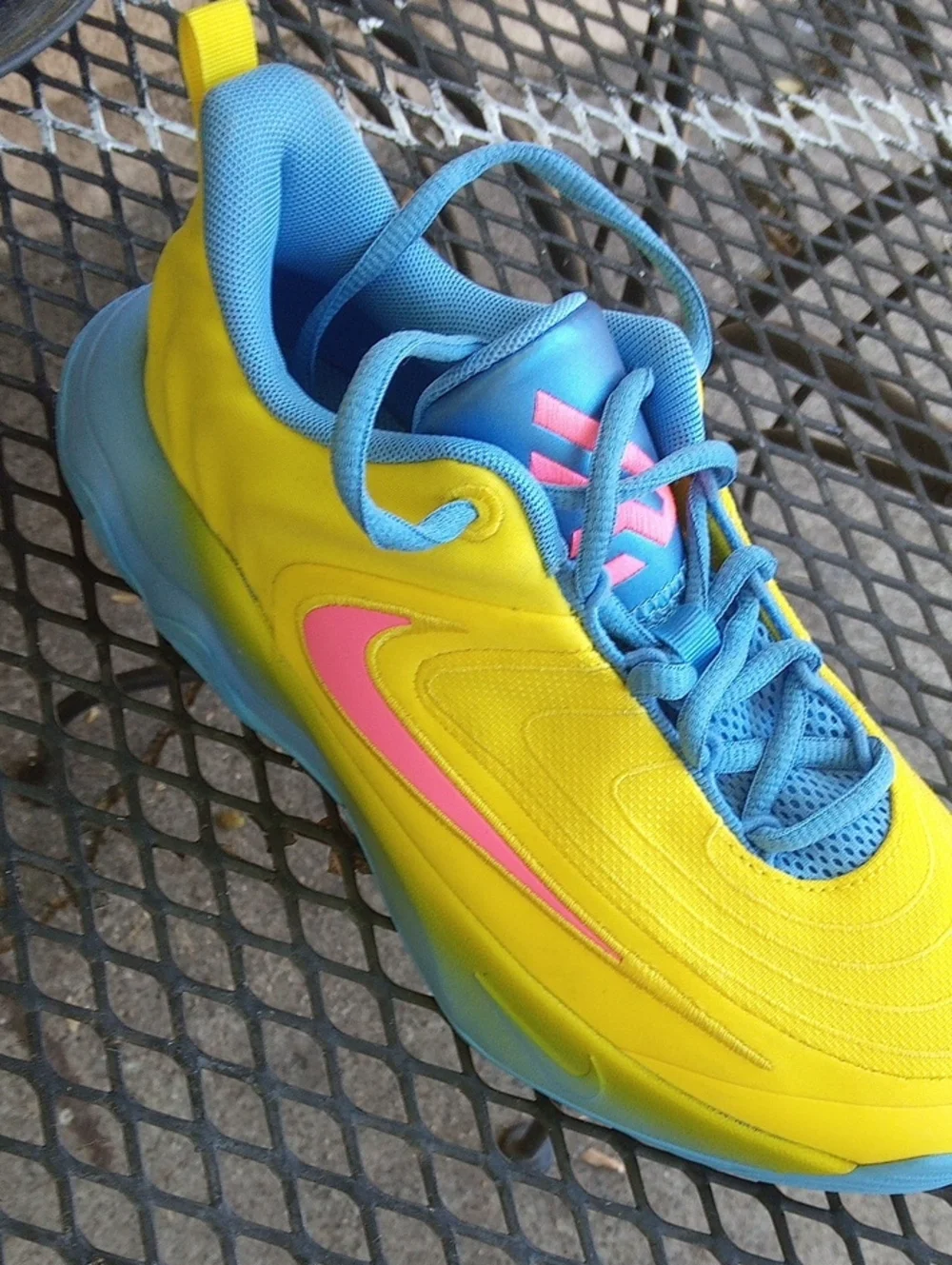 Nike Kids Yellow and Blue Lace-Up Sneakers with Pink Accents